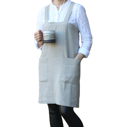 Linen Apron - Cross Back - Two Pockets - Stonewashed Thick Linen - Natural Color