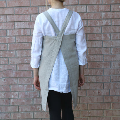 Linen Apron - Cross Back - Two Pockets - Stonewashed Thick Linen - Natural Color