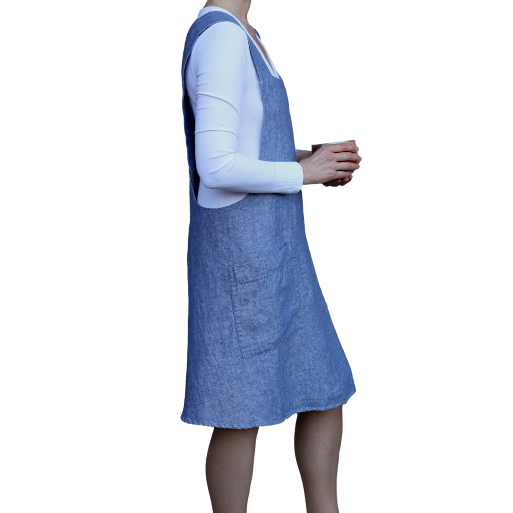 Linen Apron  - A-Line - Cross Back - Two Pockets - Heather Blue - Japanese-style - Stonewashed - Thick Linen