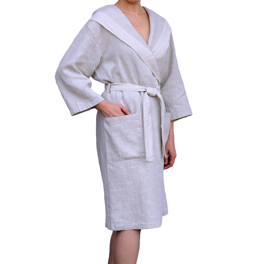 Linen Bath Robe with Hoodie and Two Pockets - stonewashed linen - pure ...
