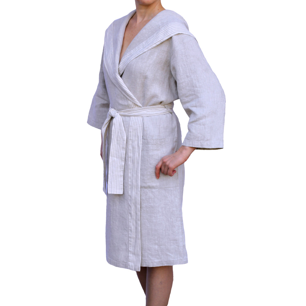 Linen Bath Robe with Hoodie and Two Pockets - stonewashed linen - pure ...