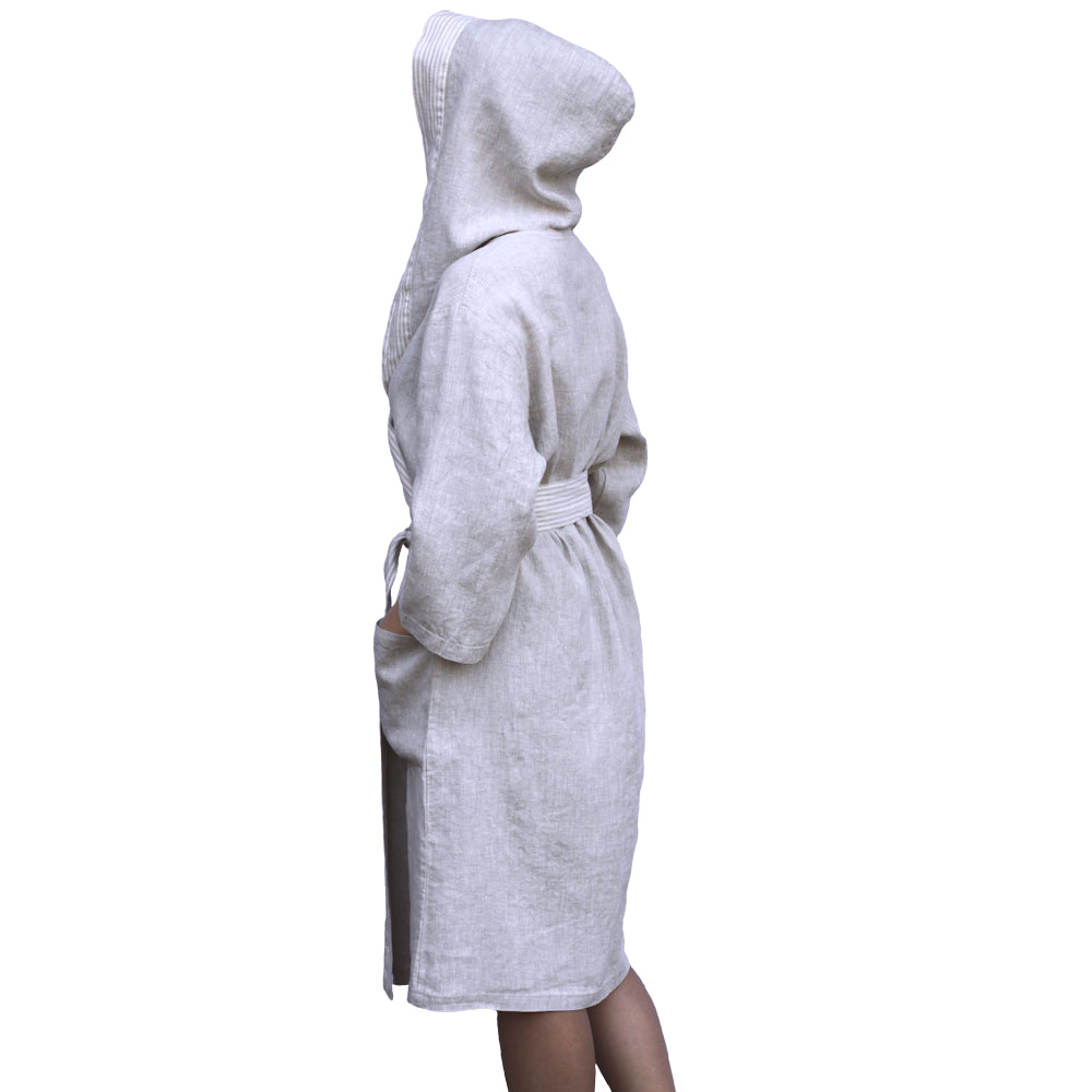 Linen Bath Robe with Hoodie and Two Pockets - Stonewashed Thin Linen - Light Natural Color