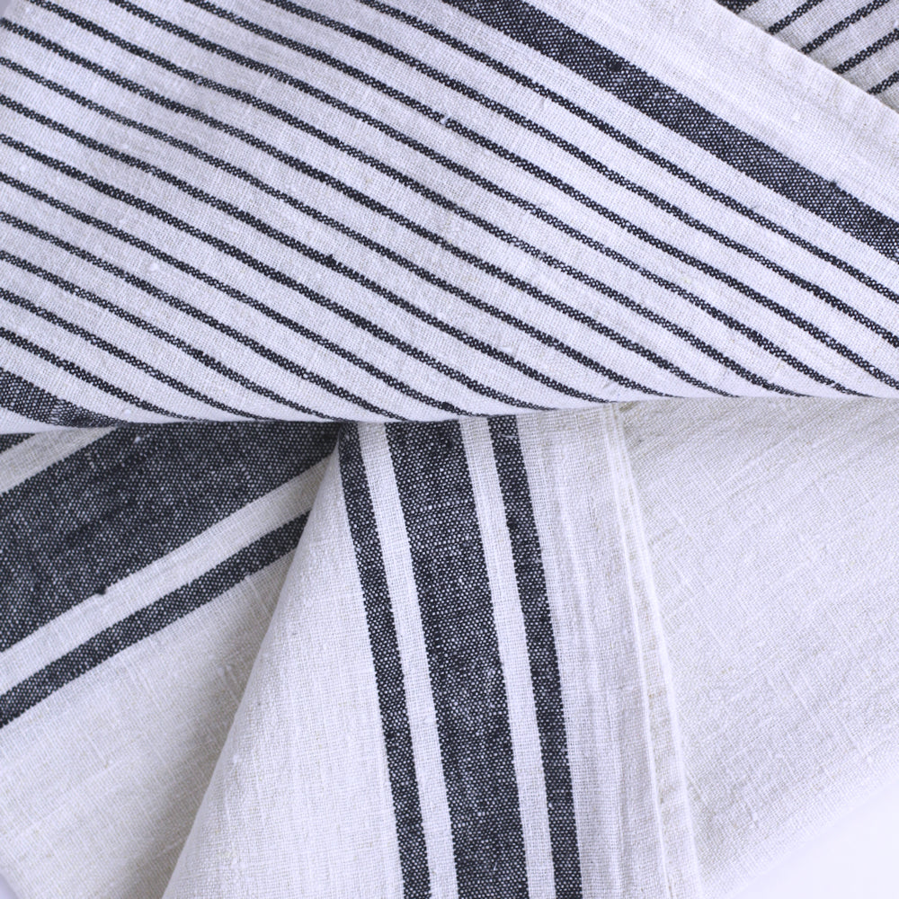 Linen Bath Towel - Stonewashed -  Antique White with Black Stripes - Luxury Thick Linen