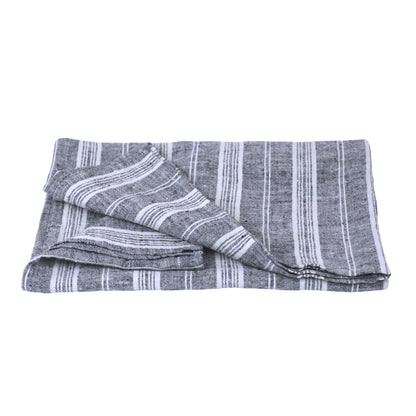 Linen Bath or Beach Towel - Stonewashed - Heather Black with White Stripes - Luxury Thick Linen