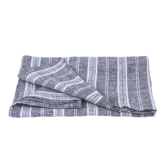 Linen Bath or Beach Towel - Stonewashed - Heather Black with White Stripes - Luxury Thick Linen