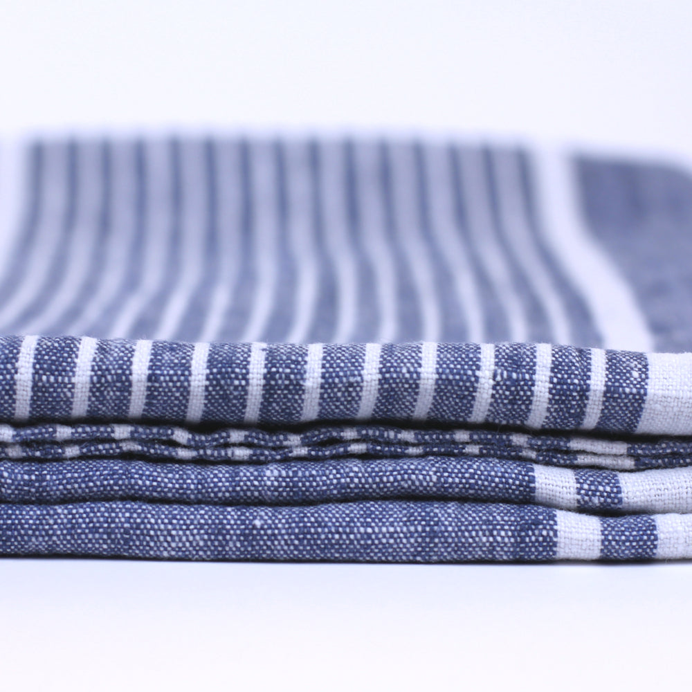 Linen Bath or Beach Towel - Stonewashed - Blue with White Stripes - Luxury Thick Linen