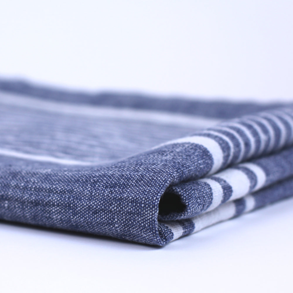 LinenCasa Linen Bath Towel - Luxury Thick Stonewashed - Blue with Stripes