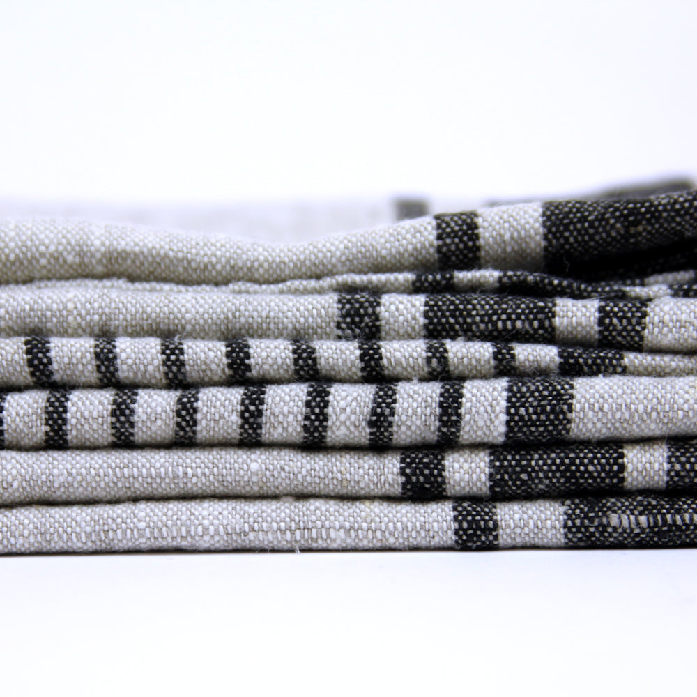Linen Bath Towel - Stonewashed - Grey with Black Stripes - Luxury Thick Linen 