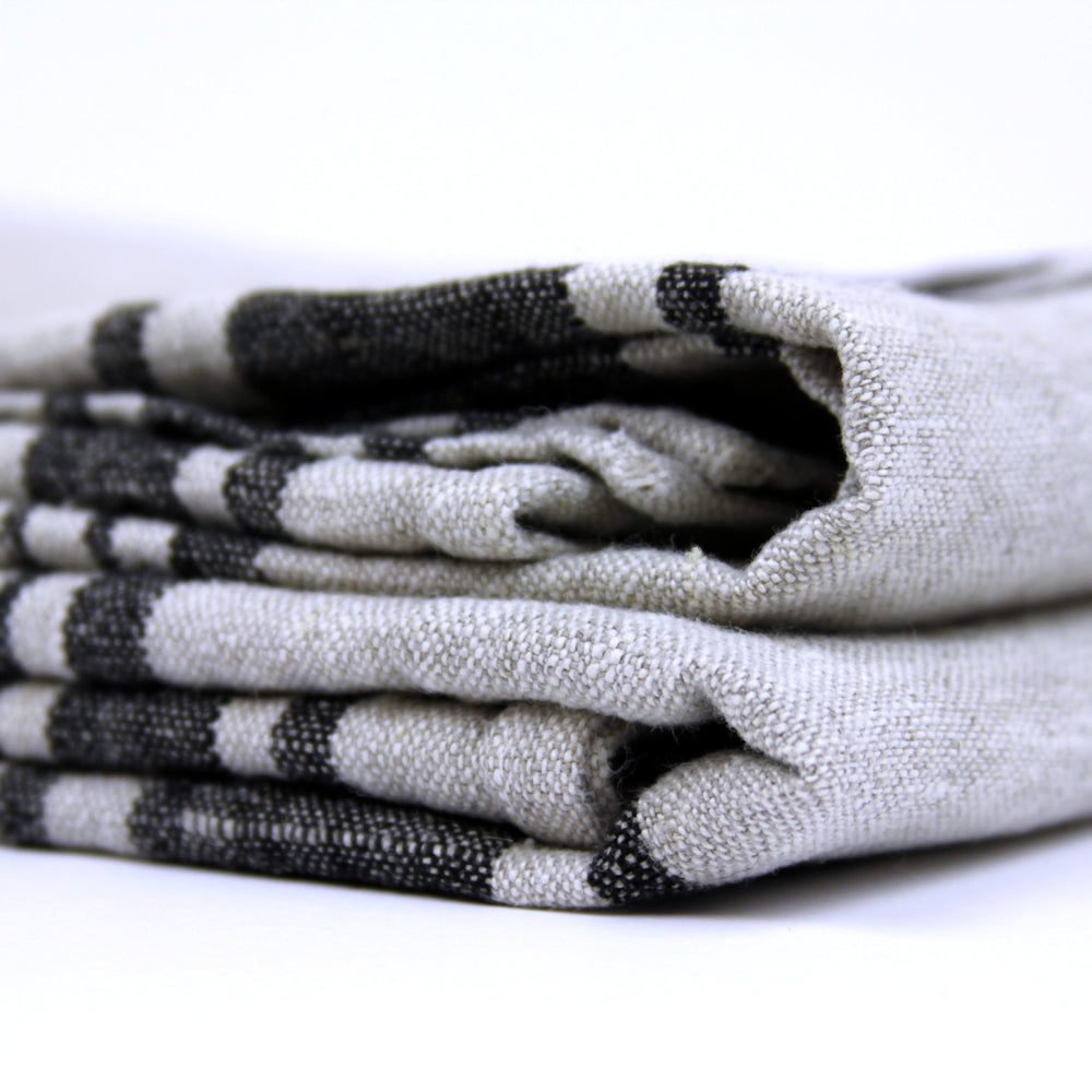 Linen Bath Towel - Stonewashed - Grey with Black Stripes - Luxury Thick Linen 