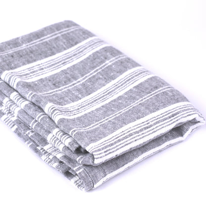 Linen Bath or Beach Towel - Stonewashed - Heather Grey with White Stripes - Luxury Thick Linen