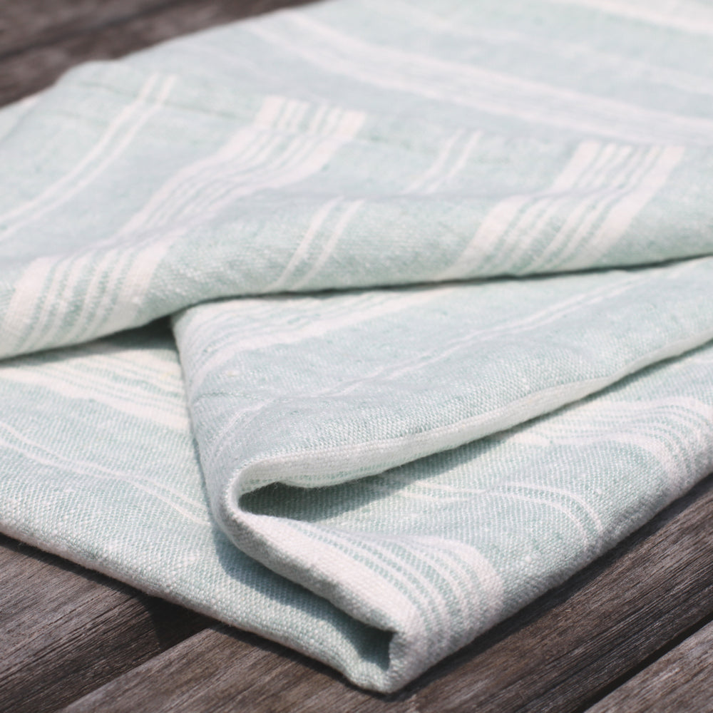 Linen Bath or Beach Towel - Stonewashed - Heather Light Green with White Stripes - Luxury Thick Linen