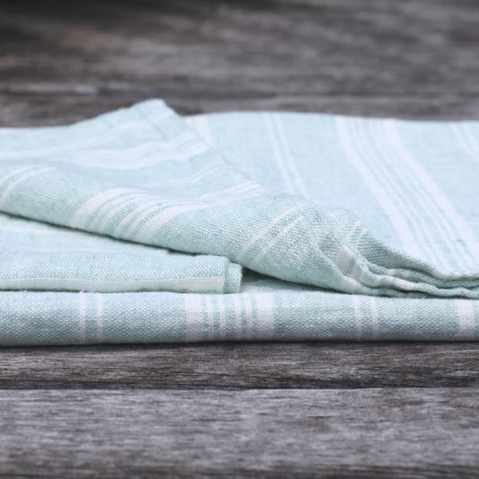 Linen Casa Kitchen Towel - White Stripes on Light Heather Blue
