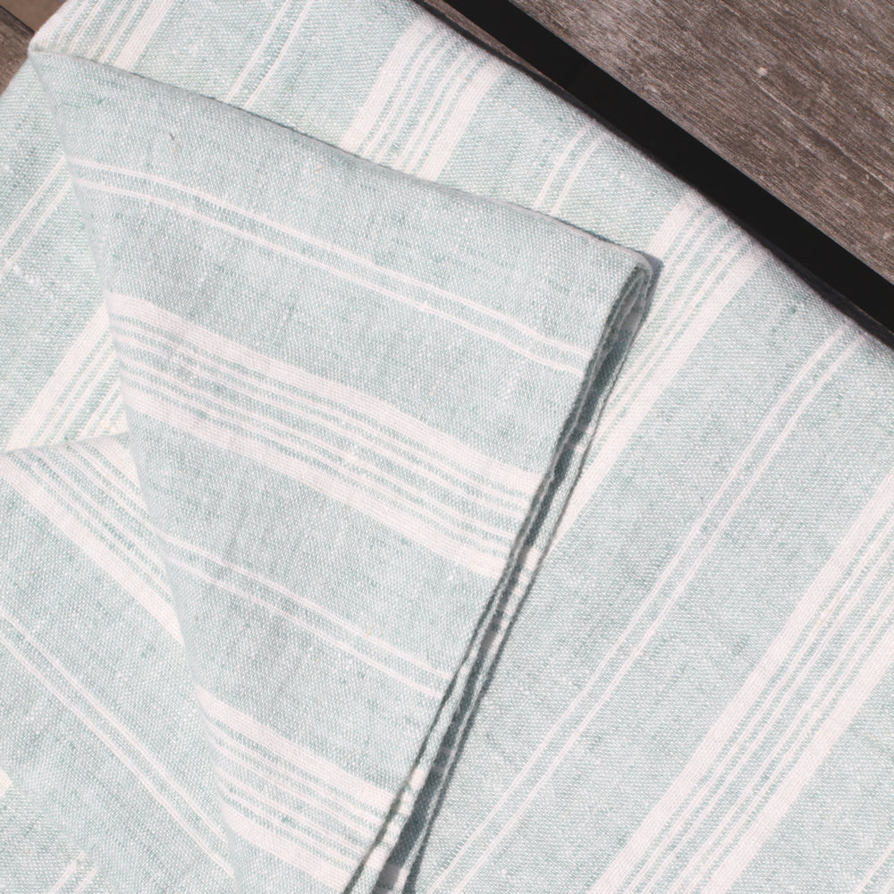 Linen Bath or Beach Towel - Stonewashed - Heather Light Green with White Stripes - Luxury Thick Linen