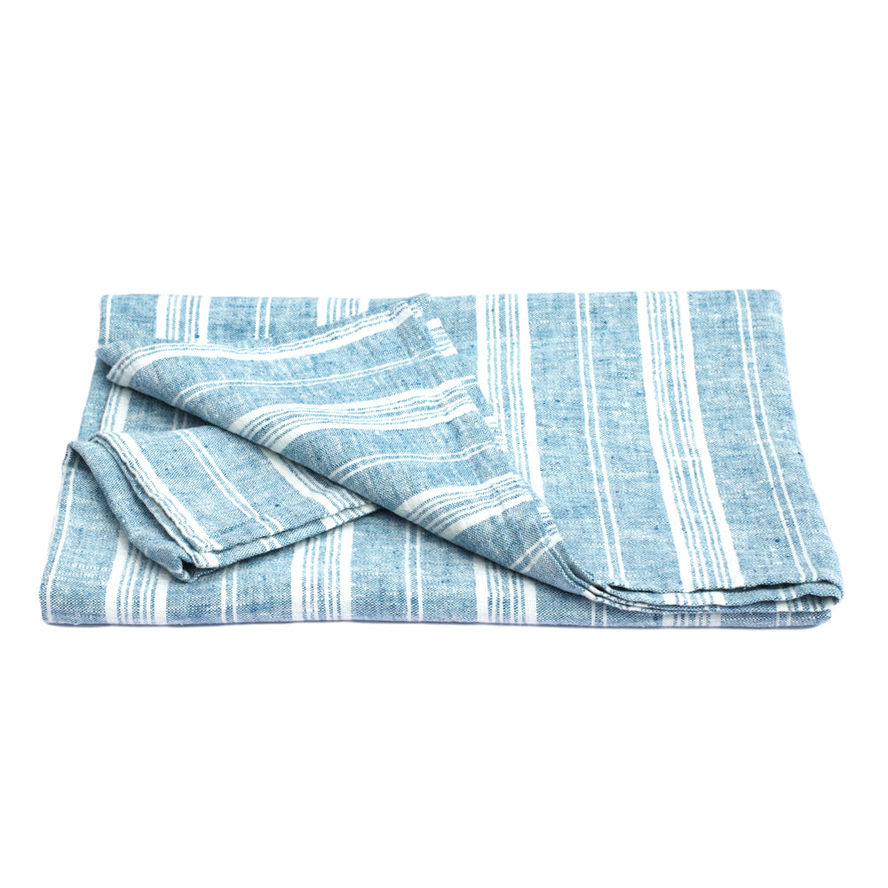 Linen Bath or Beach Towel - Stonewashed - Heather Marine Blue with White Stripes - Luxury Thick Linen
