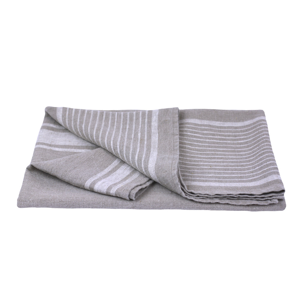 Linen Bath Towel - Stonewashed - Natural with Light Natural  Stripes - Luxury Thick Linen