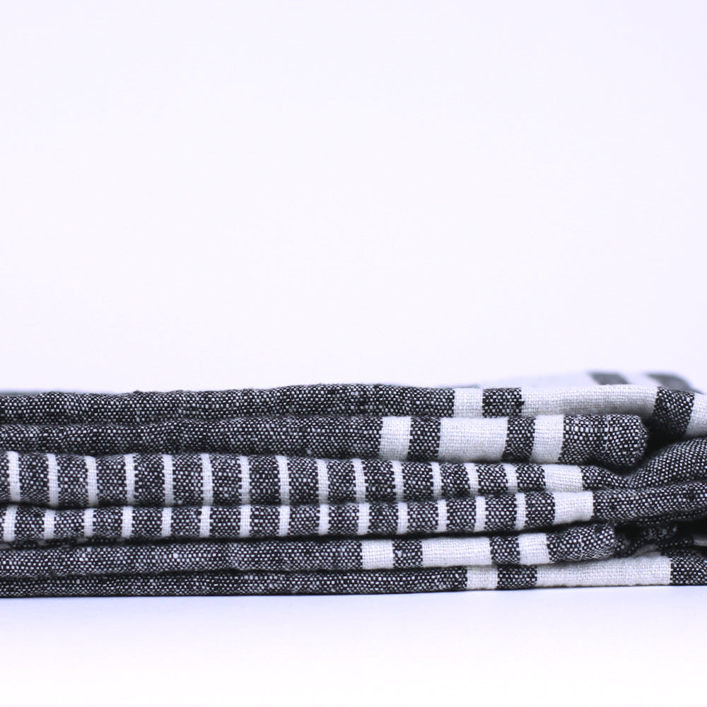 Linen Bath or Beach Towel - Stonewashed - Black with White Stripes - Luxury Thick Linen