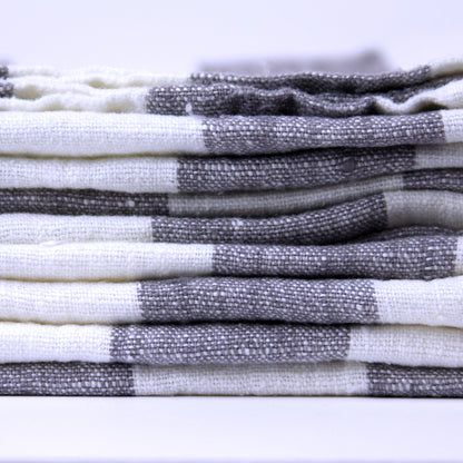 Linen Bath or Beach Towel - Stonewashed - White Grey Thick Stripes - Luxury Thick Linen 