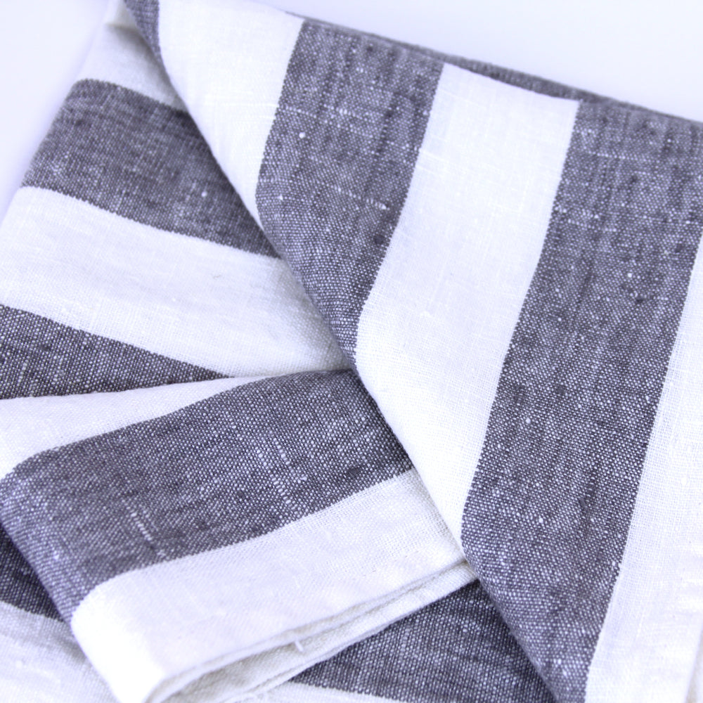 Linen Bath or Beach Towel - Stonewashed - White Grey Thick Stripes - Luxury Thick Linen 