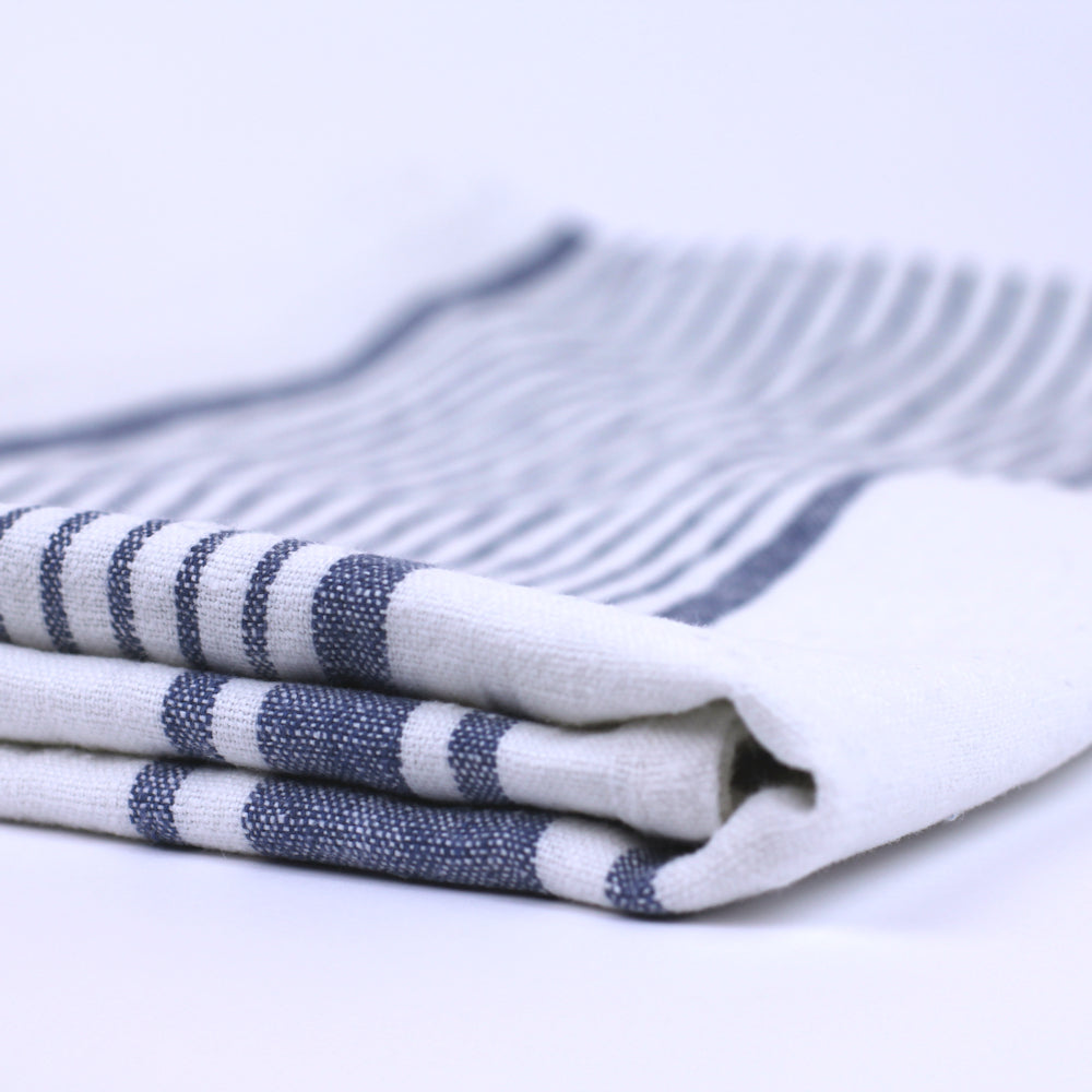 Linen Bath Towel - Stonewashed - White with Blue Stripes - Luxury Thick Linen 