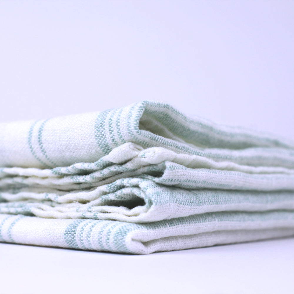 Linen Bath Towel - Stonewashed - White with Light Green Stripes - Luxury Thick Linen 