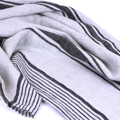 Linen Beach Towel - Stonewashed - Oversized - Grey with Black Stripes - Luxury Thick Linen - Bath Sheet - Throw - Bath Towel - Deck Towel