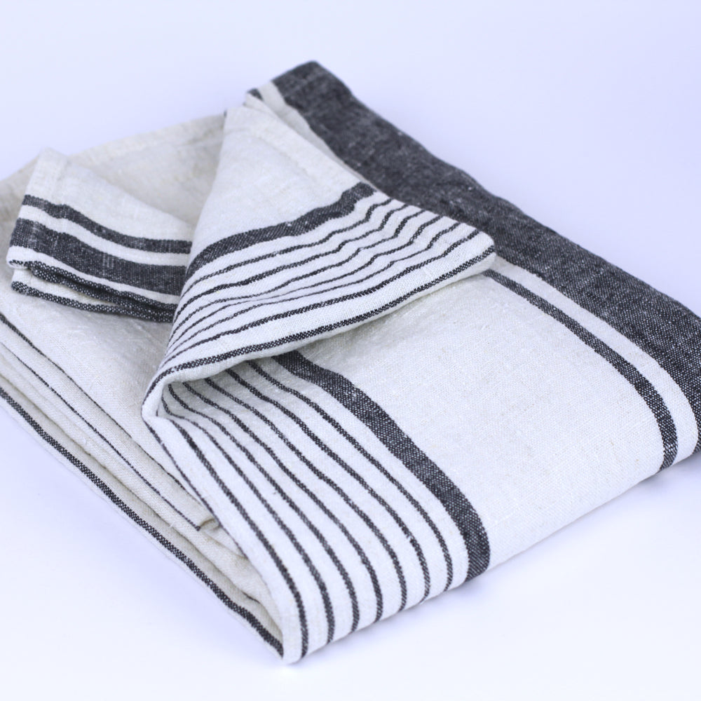 Linen Beach Towel - Stonewashed - Oversized - Antique White with Black Stripes - Luxury Thick Linen - Bath Sheet - Throw - Bath Towel - Deck Towel