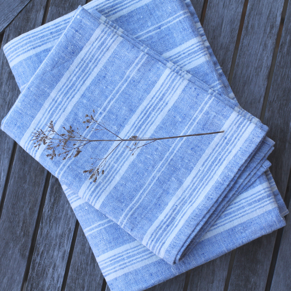 Stonewashed linen - pure 100% linen flax luxury bath towel heather marine  blue with white stripes melange pre-washed laundered Europe European linen  lint free fast dry sustainable – L i n e n C a s a