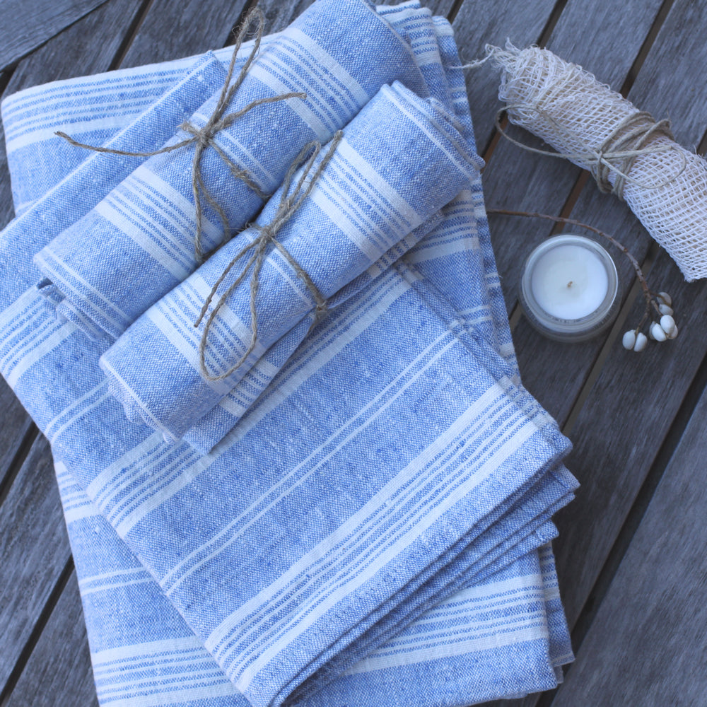 Stonewashed linen - pure 100% flax linen kitchen tea towel or hand towel  white marine blue teal stripes stone washed pre-washed laundered Europe  European linen lint free fast dry antibacterial wipe glassware
