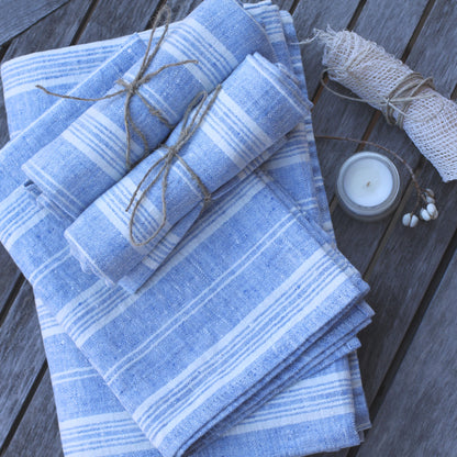 Linen Beach Towel - Stonewashed - Oversized - Heather Light Blue with White Stripes - Luxury Thick Linen - Bath Sheet - Throw - Bath Towel - Deck Towel