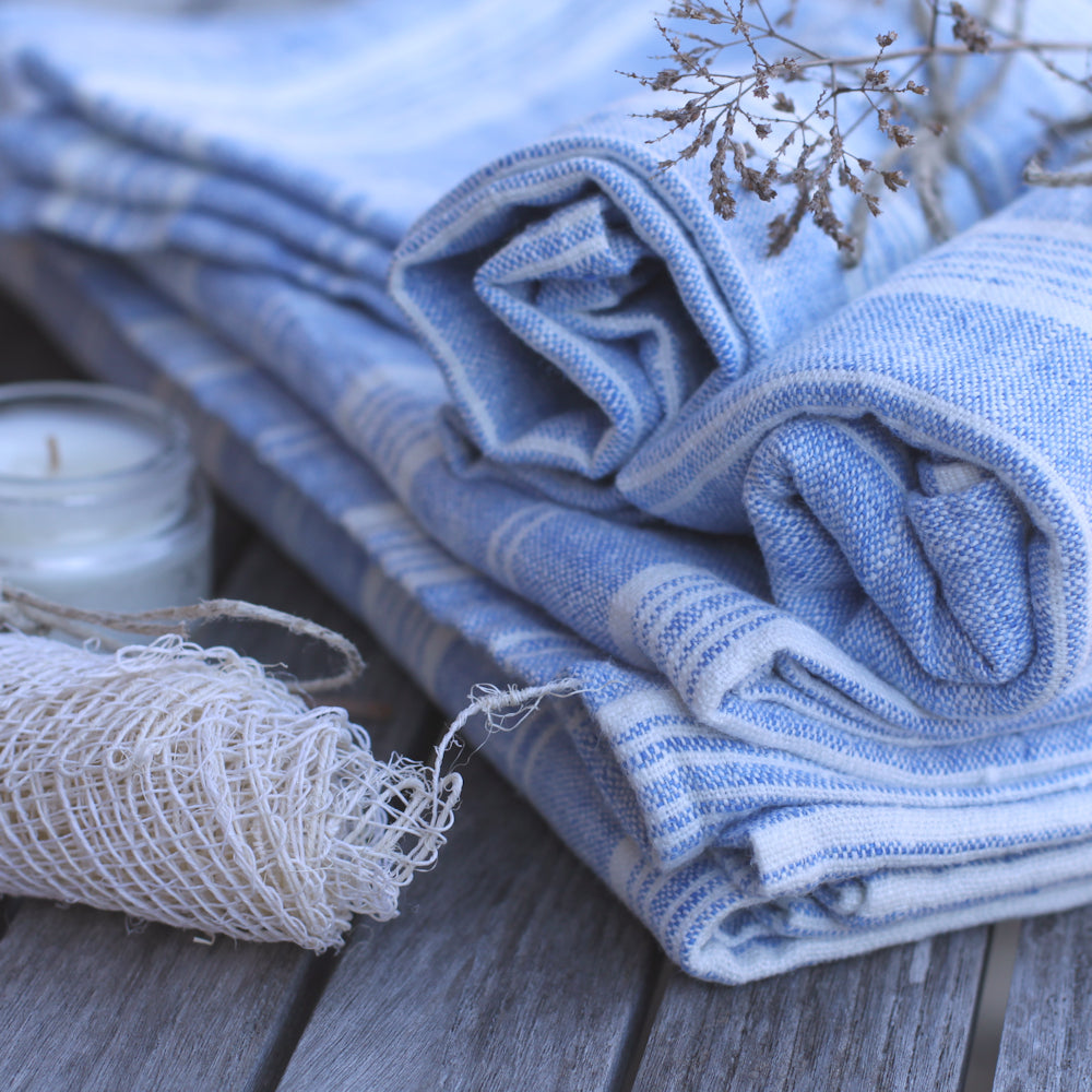 Stonewashed linen - pure 100% linen flax luxury bath towel heather marine  blue with white stripes melange pre-washed laundered Europe European linen  lint free fast dry sustainable – L i n e n C a s a