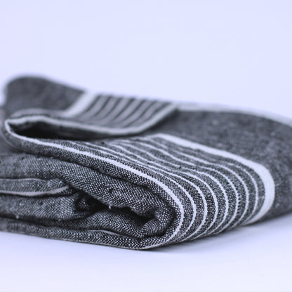 Linen Beach Towel - Stonewashed - Oversized - Black with White Stripes - Luxury Thick Linen - Bath Sheet - Throw - Bath Towel - Deck Towel