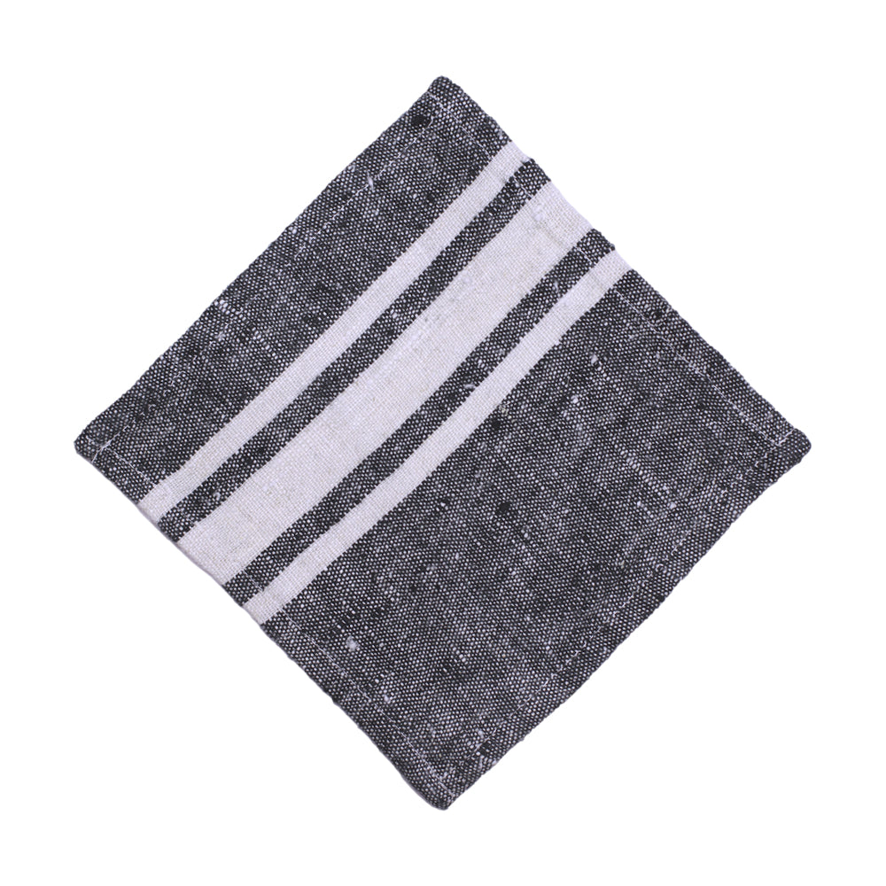 Linen Cocktail Napkins Set of 6 - Stonewashed - Black with White Stripes - Luxury Thick Linen