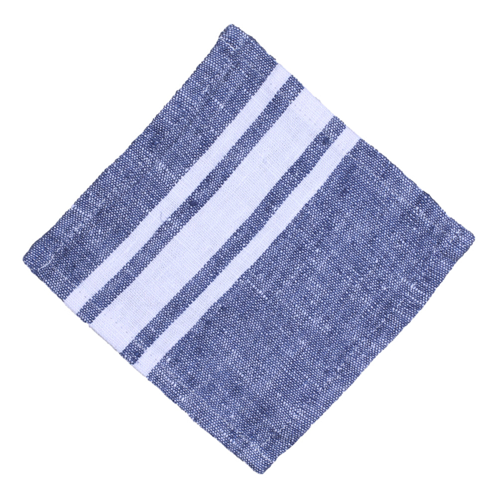 Linen Cocktail Napkins Set of 6 - Stonewashed - Blue with White Stripes - Luxury Thick Linen