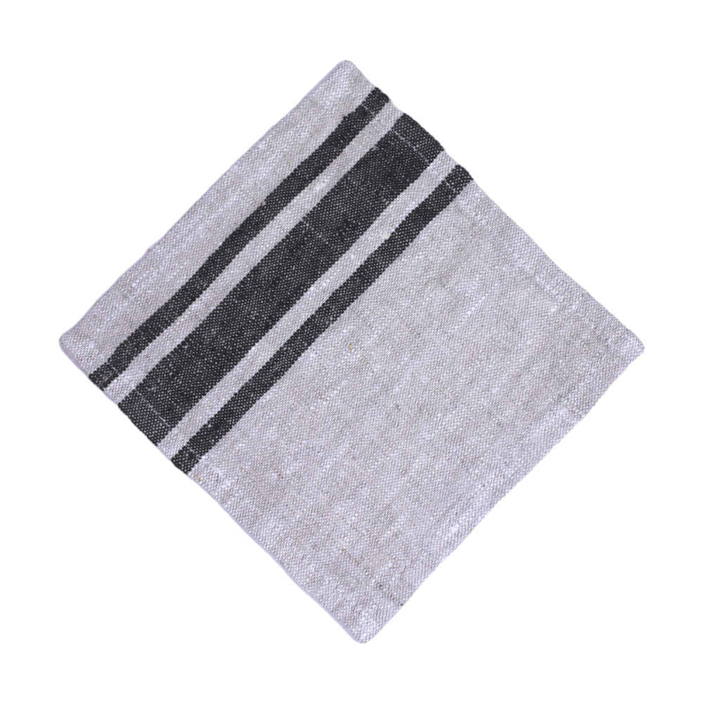 Linen Cocktail Napkins Set of 6 - Stonewashed - Grey with Black Stripes - Luxury Thick Linen