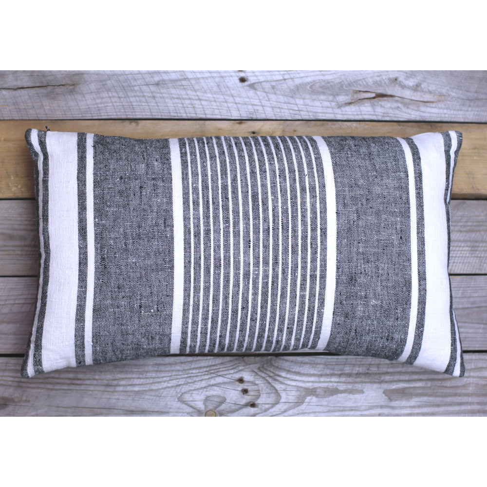 Linen Pillow Cover - Lumbar - Black with White Pinstripes  - 12 x 20 - Stonewashed - Luxury Thick Linen