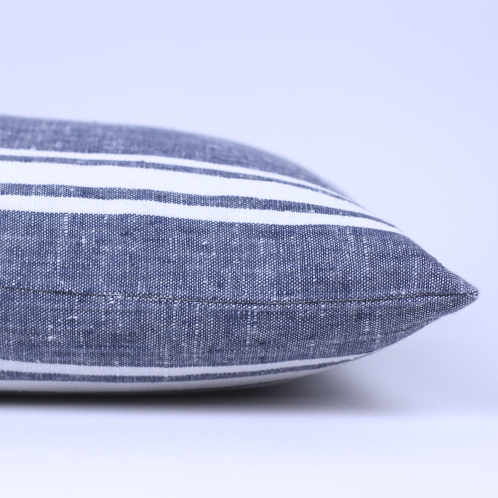Linen Pillow Cover - Lumbar - Blue with Basic White Stripes  - 12 x 20 - Stonewashed - Luxury Thick Linen