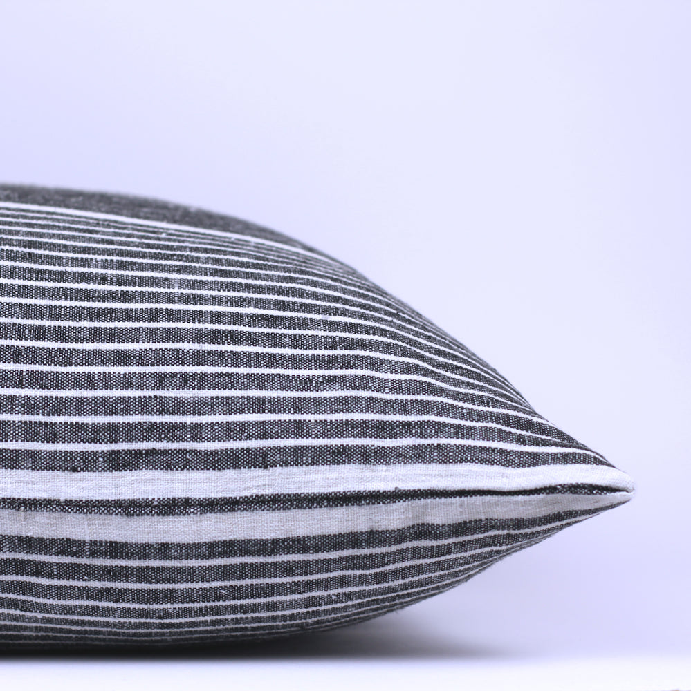 Linen Pillow Cover - Sham - Black with White Pinstripes - 22 x 22 - Stonewashed - Luxury Thick Linen