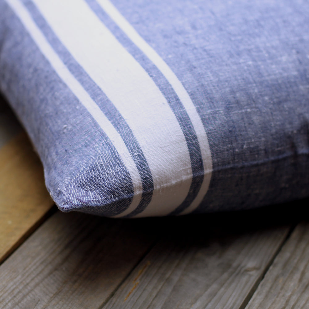 Linen Pillow Cover - Sham - Blue with Basic White Stripes - 22 x 22 - Stonewashed - Luxury Thick Linen