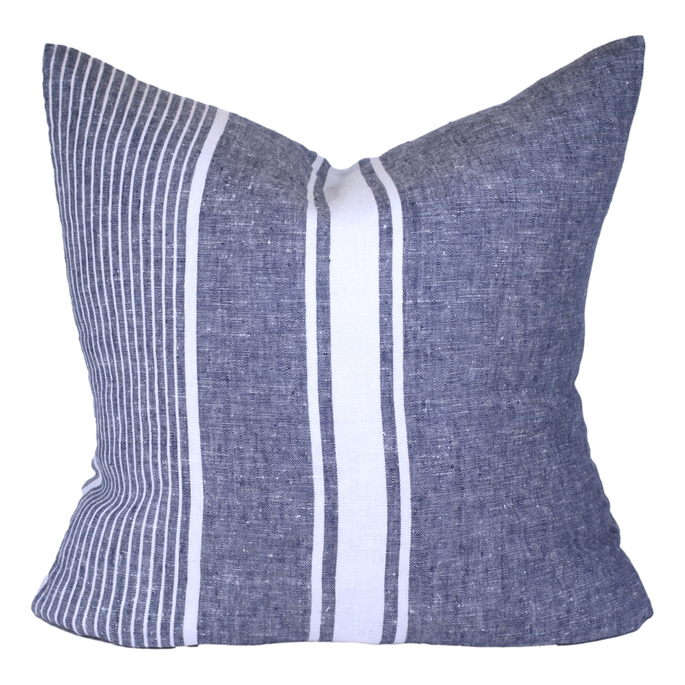 Linen Pillow Cover - Sham - Blue with White Pinstripes - 22 x 22 - Stonewashed - Luxury Thick Linen