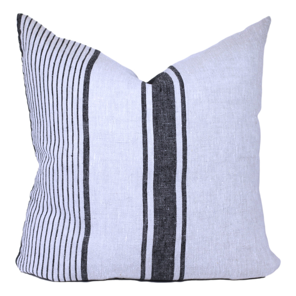 Linen Pillow Cover - Sham - Grey with Black Pinstripes - 22 x 22 - Stonewashed - Luxury Thick Linen