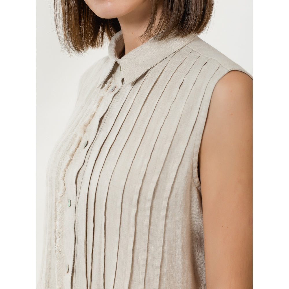 Linen Dress - Light Natural with Tucks - Stonewashed - Luxury Medium Thick Linen