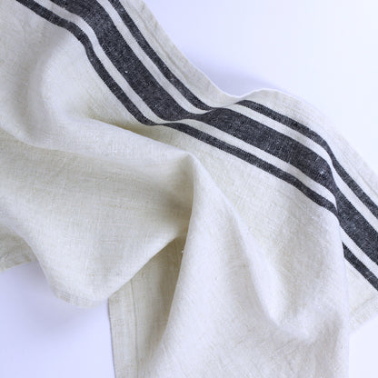 Linen Guest Towel - Stonewashed -  Antique White with Black Stripes - Luxury Thick Linen