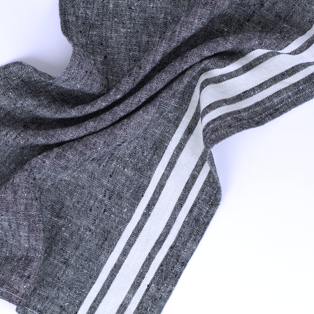 Linen Guest Towel - Stonewashed - Black with White Stripes - Luxury Thick Linen