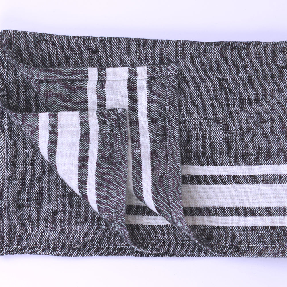 Linen Guest Towel - Stonewashed - Black with White Stripes - Luxury Thick Linen