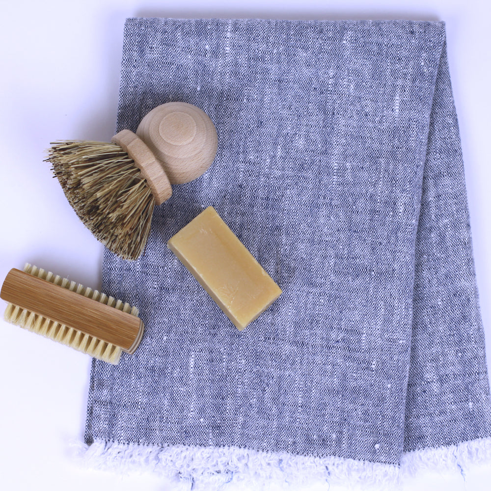 Linen Guest Towel - Stonewashed - Heather Blue with Frayed Edges - Luxury Thick Linen