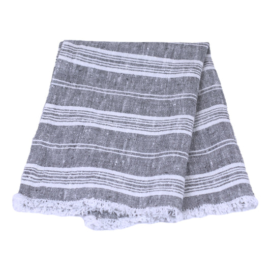 Linen Guest Towel - Stonewashed - Heather Grey with White Stripes and Frayed Edges - Luxury Thick Linen