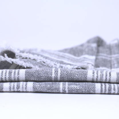Linen Guest Towel - Stonewashed - Heather Grey with White Stripes and Frayed Edges - Luxury Thick Linen