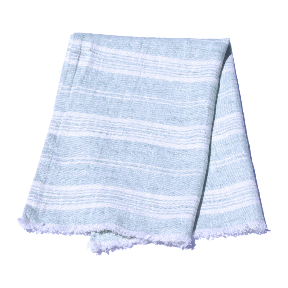 Linen Guest Towel - Stonewashed - Heather Light Green with White Stripes and Frayed Edges - Luxury Thick Linen