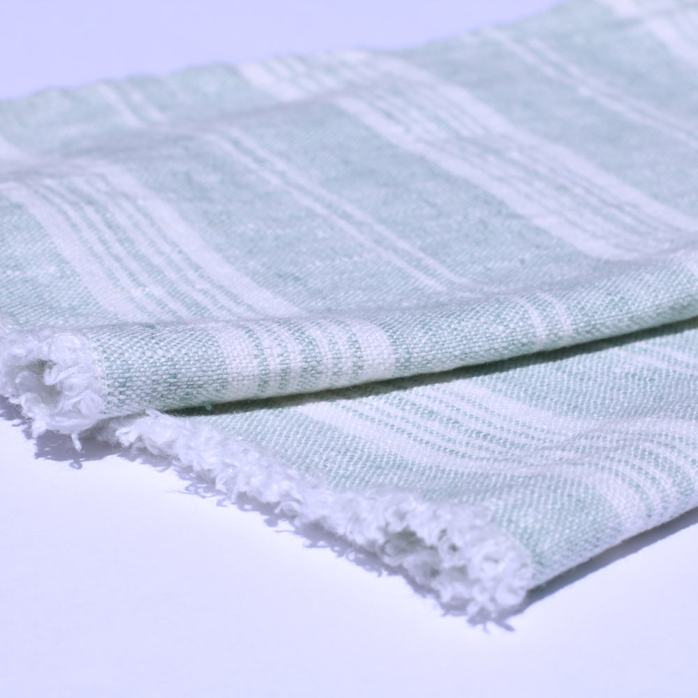 Linen Guest Towel - Stonewashed - Heather Light Green with White Stripes and Frayed Edges - Luxury Thick Linen