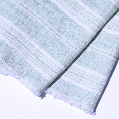 Linen Guest Towel - Stonewashed - Heather Light Green with White Stripes and Frayed Edges - Luxury Thick Linen